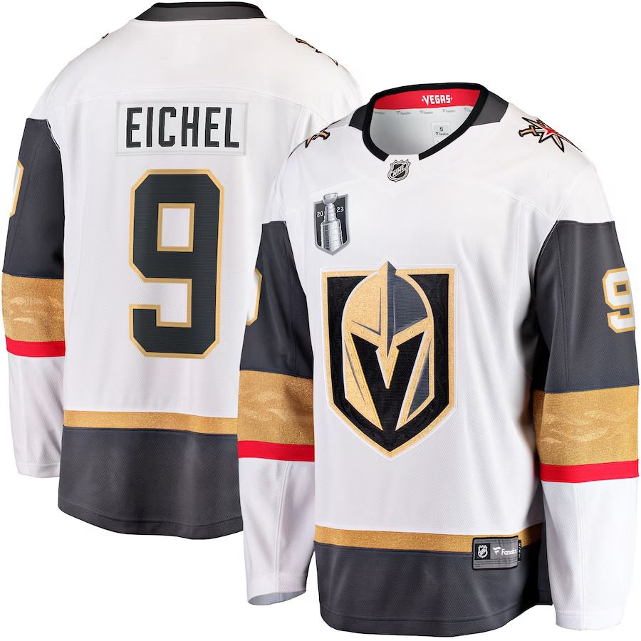 Men Vegas Golden Knights 9 Jack Eichel Fanatics Branded White 2023 Stanley Cup Final Away Breakaway Player NHL Jersey
